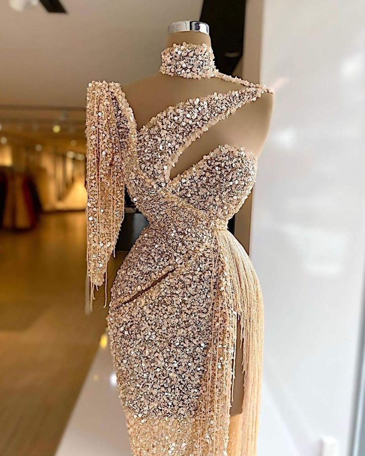 Champagne Mermaid Evening Dresses Sequined High Neck Long Sleeve Prom Dress Pageant Gown Custom Made Party Birthday Robes