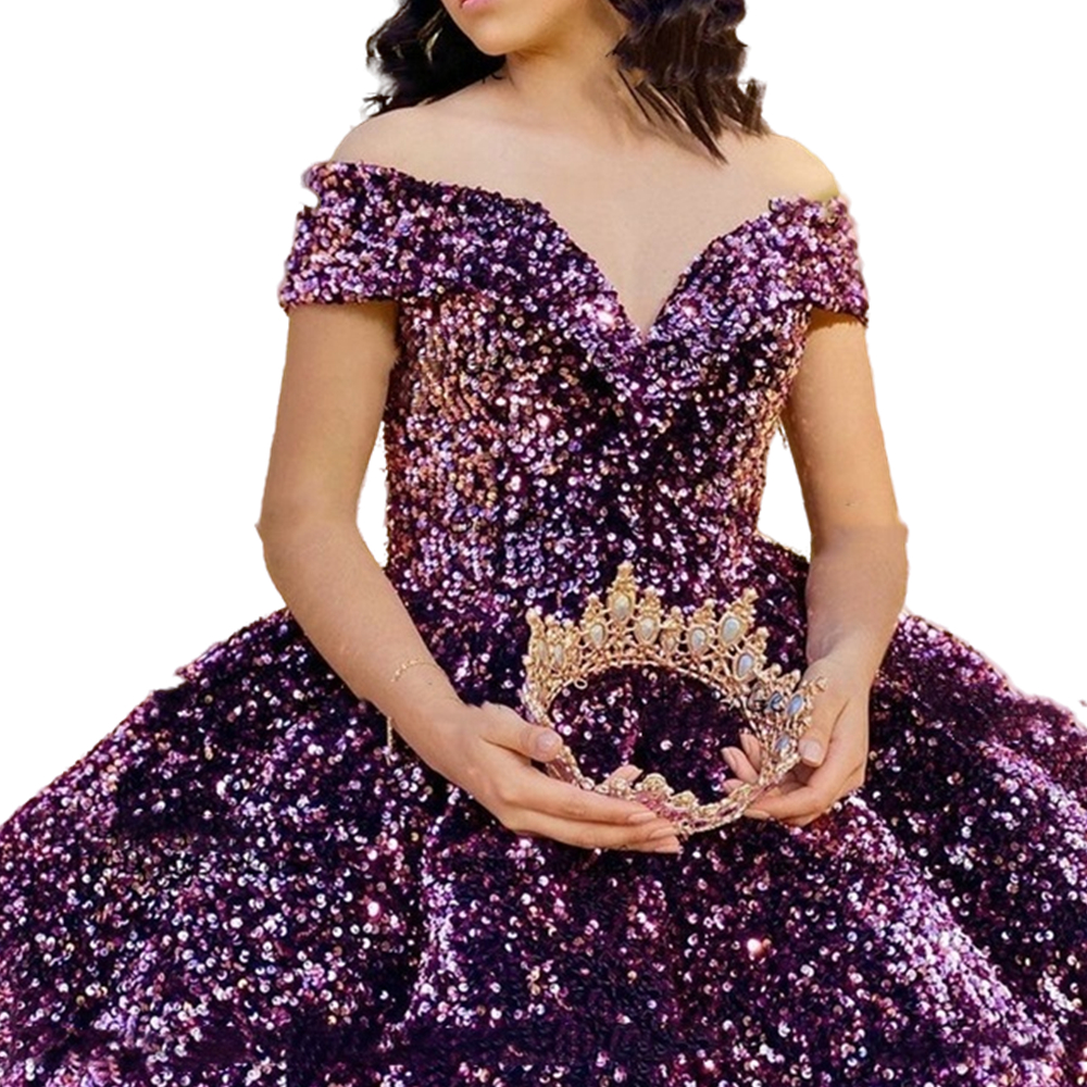 Sparkly Purple Sequined Quinceanera Dresses Off Shoulder V-Neck Floor Length Princess Ball Gown Back Lace Up Sweet 16 Dress Prom Vestidos 15 Anos