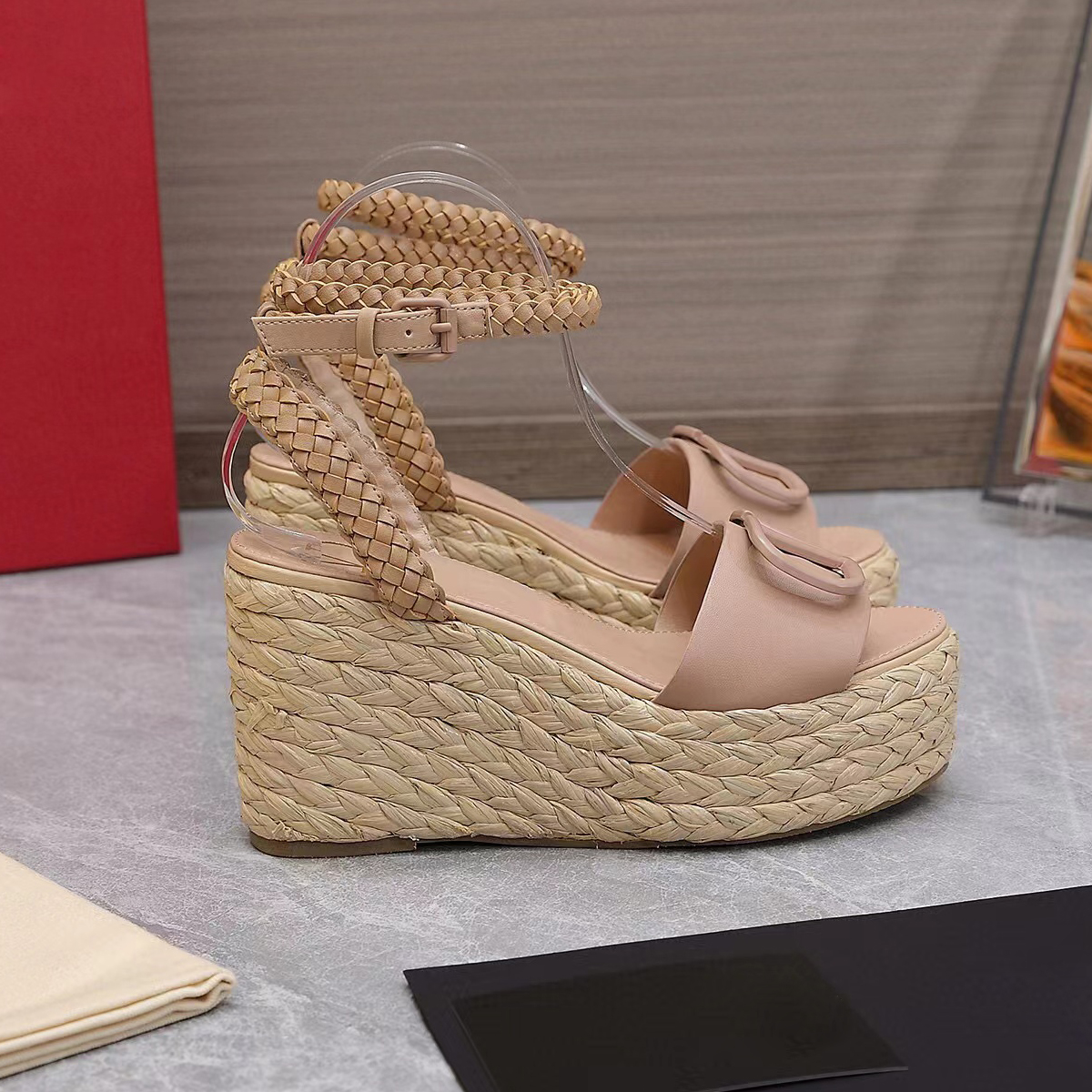 high quality platform Sandals Straw woven wedge ankle strap chunky heels block Heel 110mm Open toe toe dress shoe Women Luxury Designers Sandal