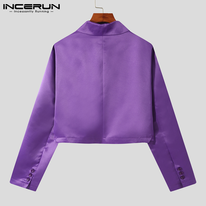 Men Blazer Solid Lapel Streetwear Long Sleeve One Button Crop Coats Stylish Satin Casual Suits Jackets 220822