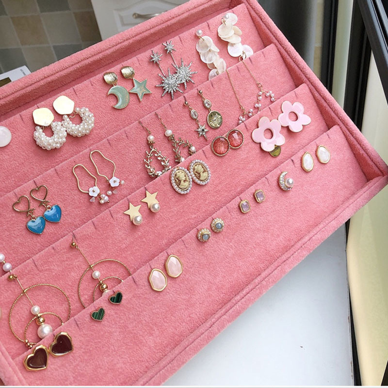 Pink Velvet B/M/S Necklace Earrings Storage Box Showcase Jewellery Stand Holder Ring Jewelry Display Organizer Case Tray Holder 220819