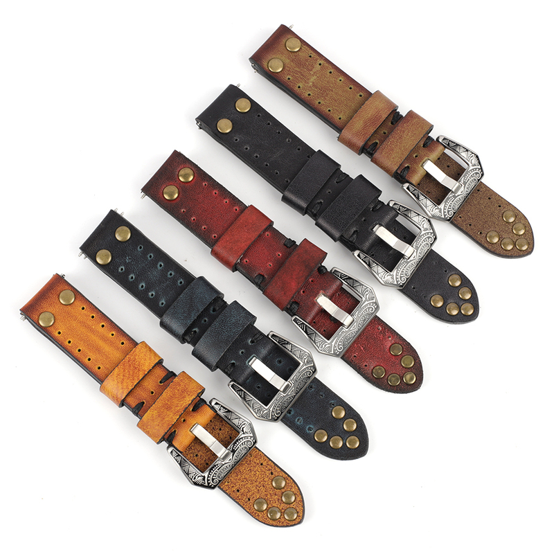 18mm 20mm 22mm 24mm Vintage Genuine Leather Watchbands Rivet Leather Watch Strap Replacement Carving Strap Watches Accessorie 220819