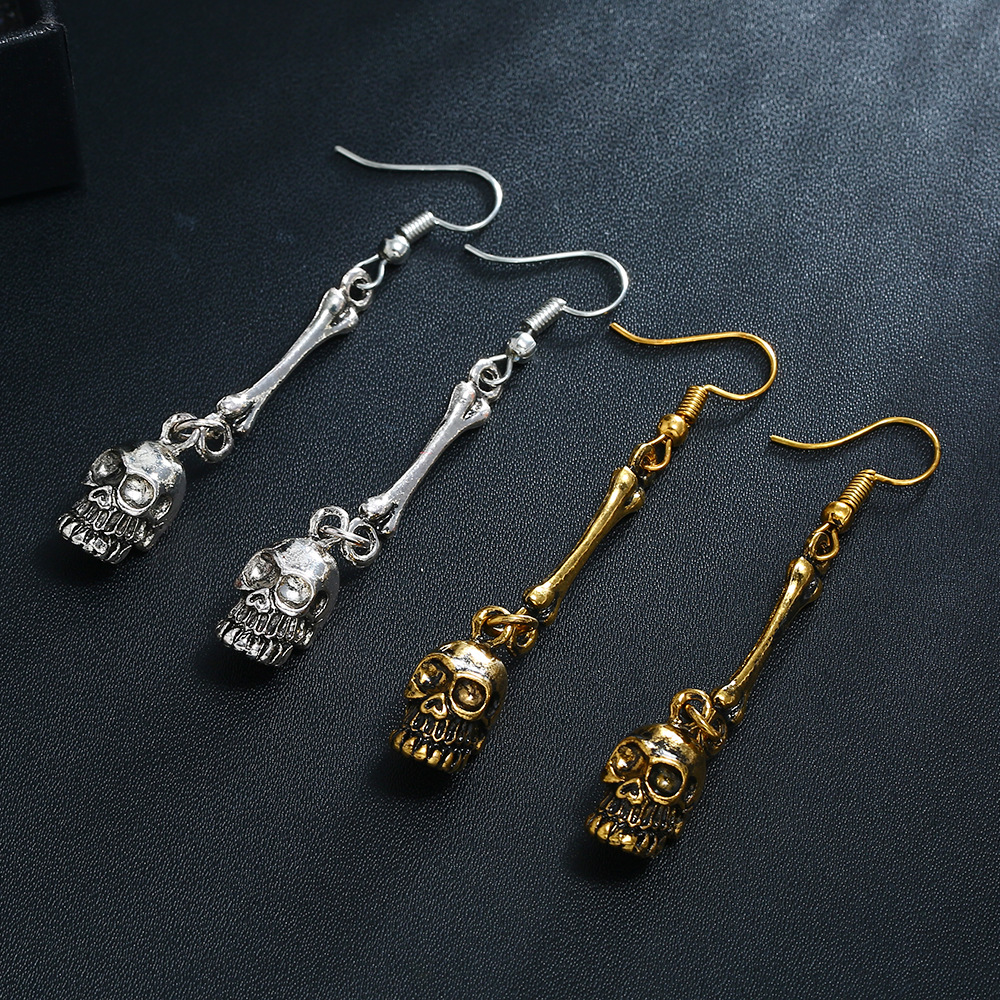 Antique Gold Silver Skeleton Dangle Earrings for Men Women Hip Hop Young Halloween Party Jewelry European American Hot Selling Ear Jewellry Wholesale