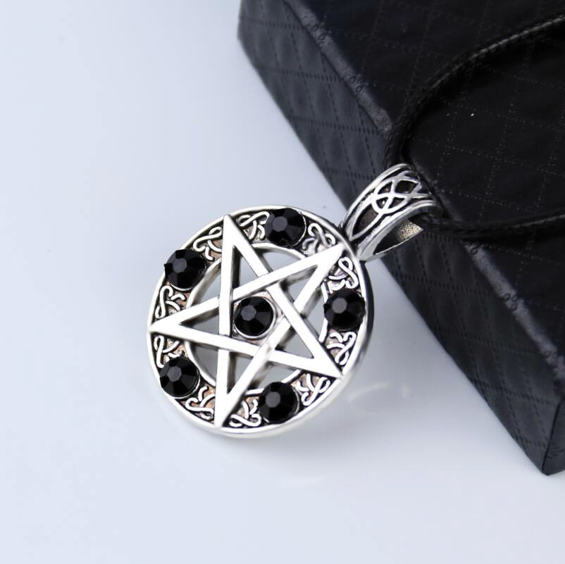 Satan Symbol Star Pentagram Necklace for Men With Leather Rope Chain Crystal Gem Pentagram Necklaces Fashion Jewelry