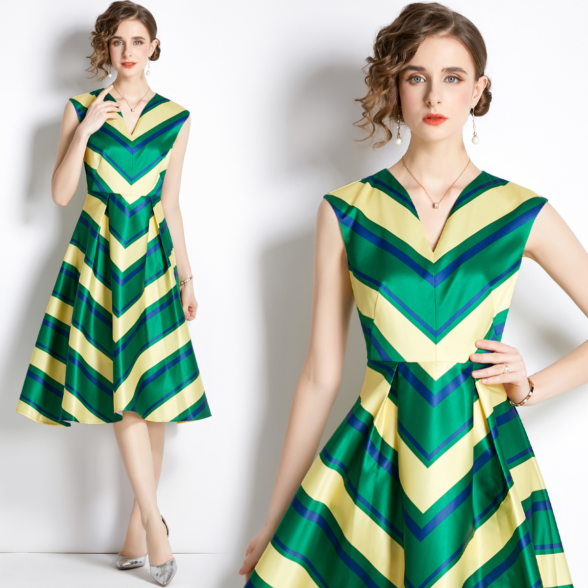 New Summer Fall Yellow Green Striped Print Sleeveless V-Neck Women Ladies Party Casual Sweet Demure Elegant Temperament Tunic Slim Evening Vest Dress, Hlw6180
New Summer Fall Yellow Green Striped Print Sleeveless V-Neck Women Ladies Party Casual Sweet Demure Elegant Temperament Tunic Slim Evening Vest Dress, Hlw6180
