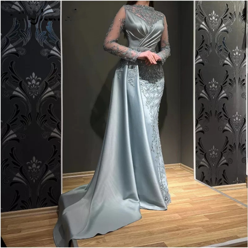Muslim Vintage Mermaid Evening Party Dresses 2023 Appliques Beads Formal Gown Prom Ocn Dress Dubai Arabic Robes De Soiree 322