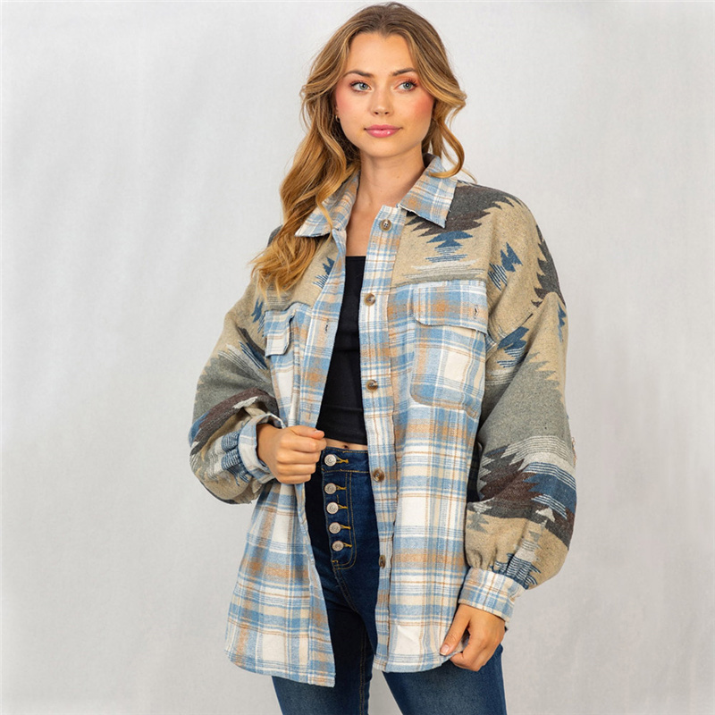 Casual Christmas Long Sleeve Jackets Autumn Winter Aztec Plaid Stitching Woolen Coat Women Wild Lapel Pocket Long Jacket 059 220819