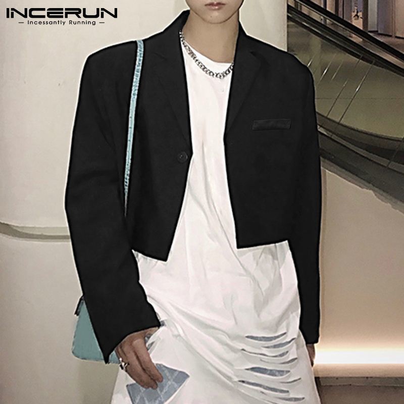 Men Blazer Solid Lapel Streetwear Long Sleeve One Button Crop Coats Stylish Satin Casual Suits Jackets 220822