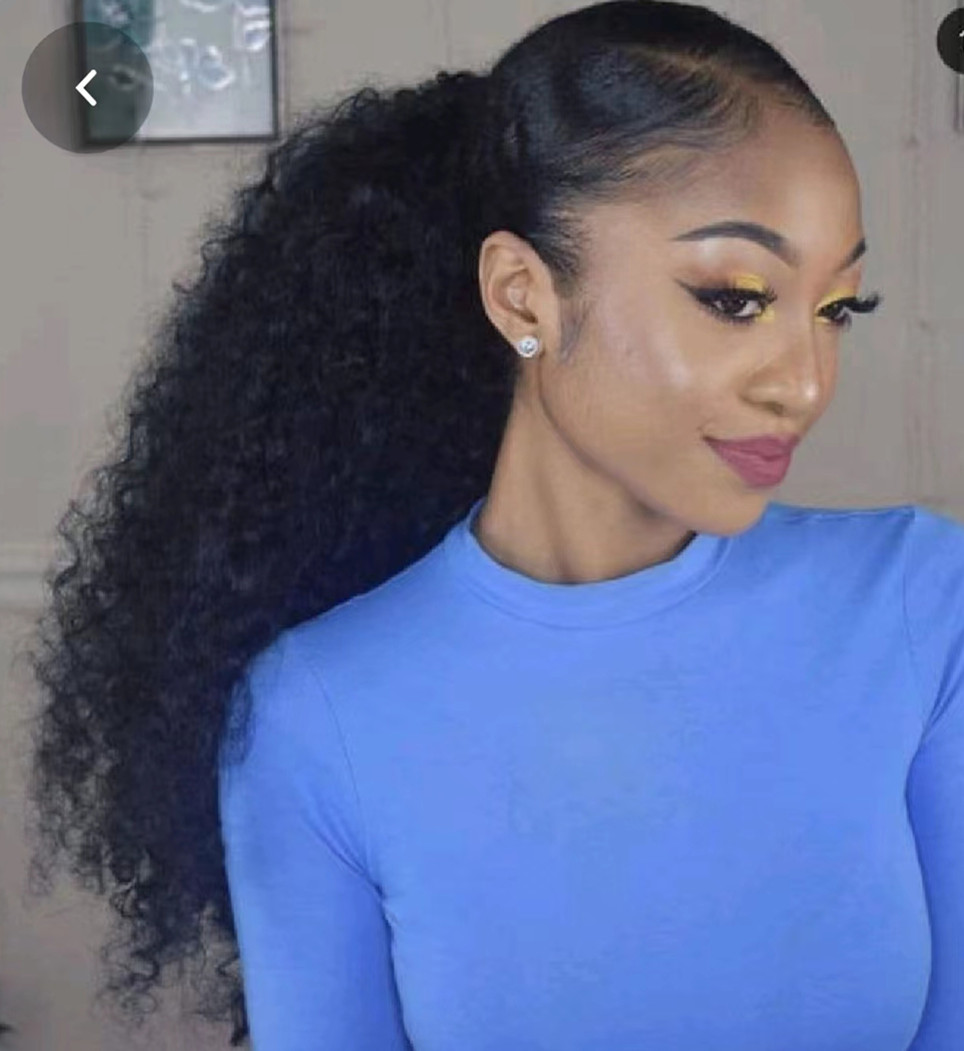Long high kinky coily ponytail hairpiece human hair extension wrap around brazilian hair drawstring clip in 140g