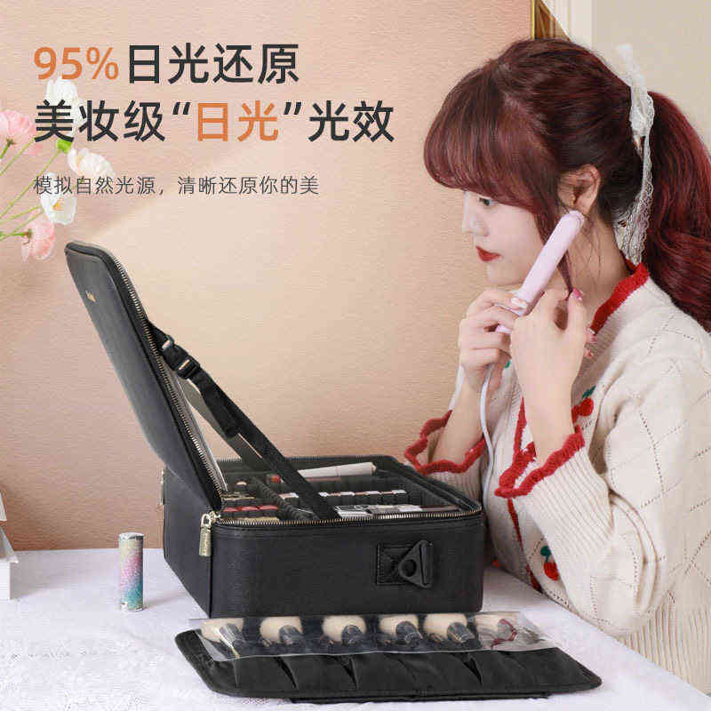 2022 New Smart LED Makeup bag With Mirror Large Capacity Professional Waterproof PU Leather Travel Cosmetic Case For Women 220820