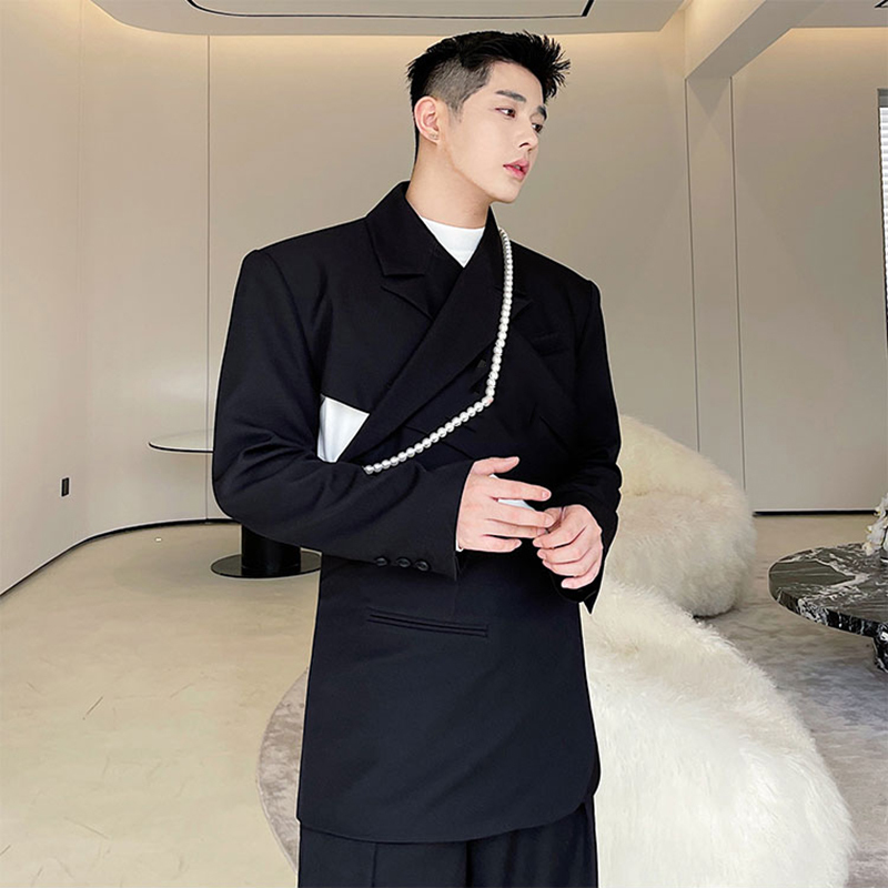 IEFB Menswear Fashion Cross Adjustable Wearing Backless Blazers Notched Long Sleeve Short Suit Jacket Male Autumn 220819