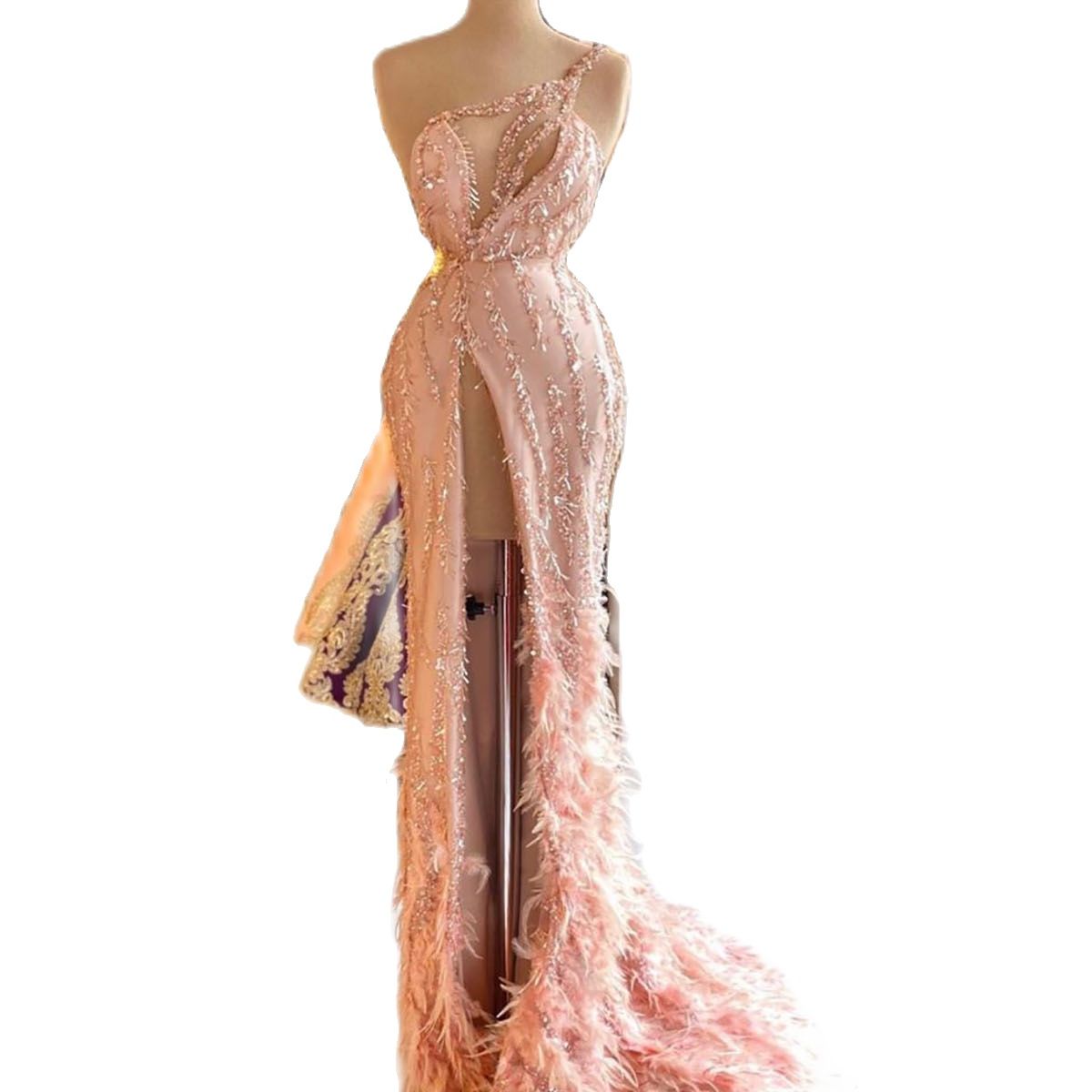 Blush Pink Vintage Mermaid Evening Dresses Luxury Feather 2022 Celebrity Prom Dress Sequins Formal Party Gown Vestidos