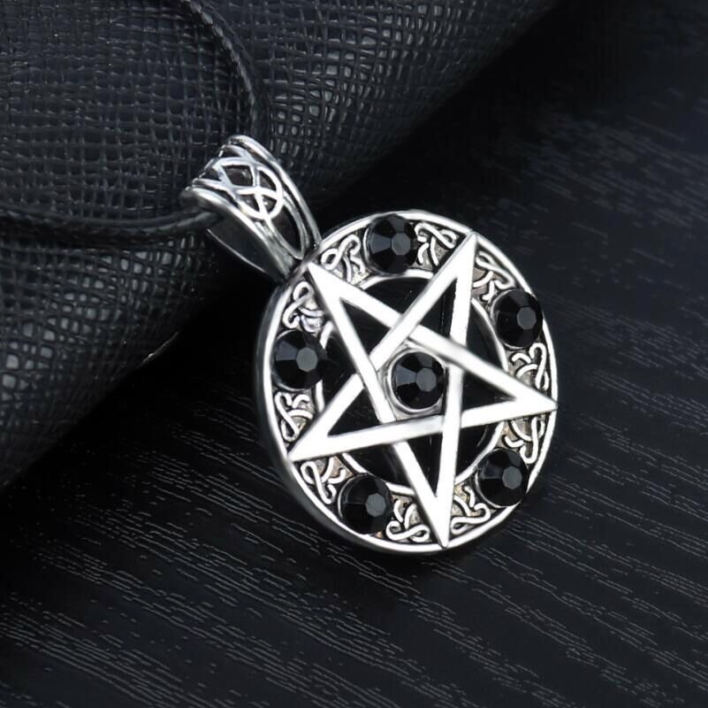 Satan Symbol Star Pentagram Necklace for Men With Leather Rope Chain Crystal Gem Pentagram Necklaces Fashion Jewelry