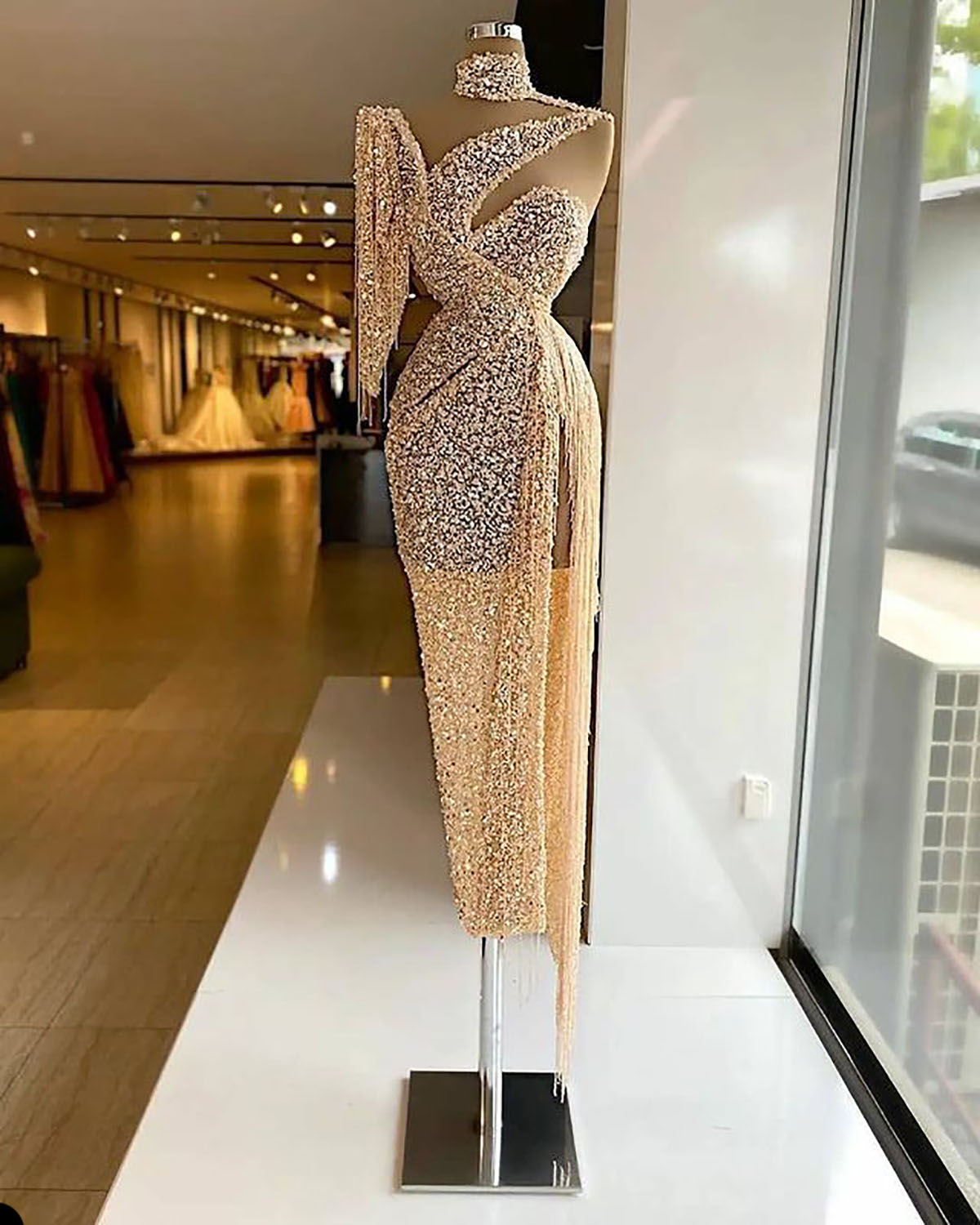 Champagne Mermaid Evening Dresses Sequined High Neck Long Sleeve Prom Dress Pageant Gown Custom Made Party Birthday Robes