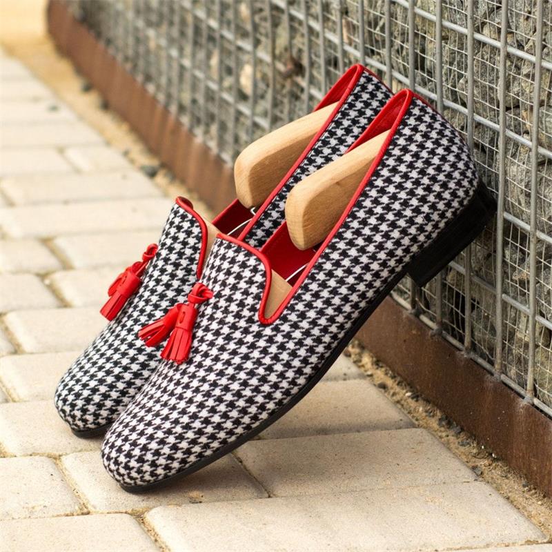 Men British Loafers Classic Houndstooth Canvas Round Toe Tassel Slip-On Fashion Business Casual Wedding Party Daily Dress Shoes