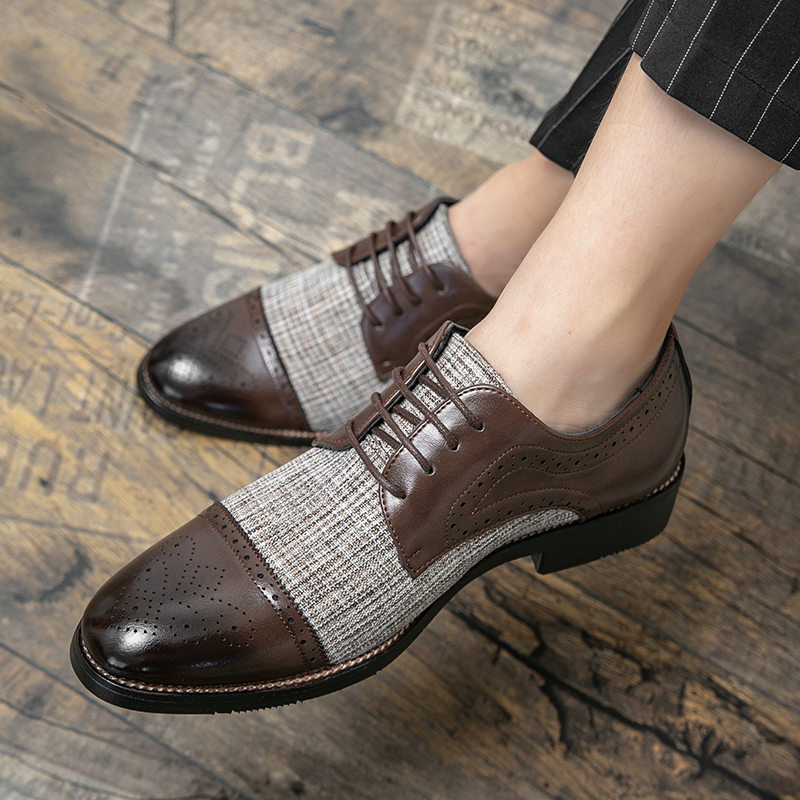Men Derby Brogues Colorblock PU Stitching Canvas Carved Stitching Lace Up Fashion Business Casual Wedding Daily Dress Shoes