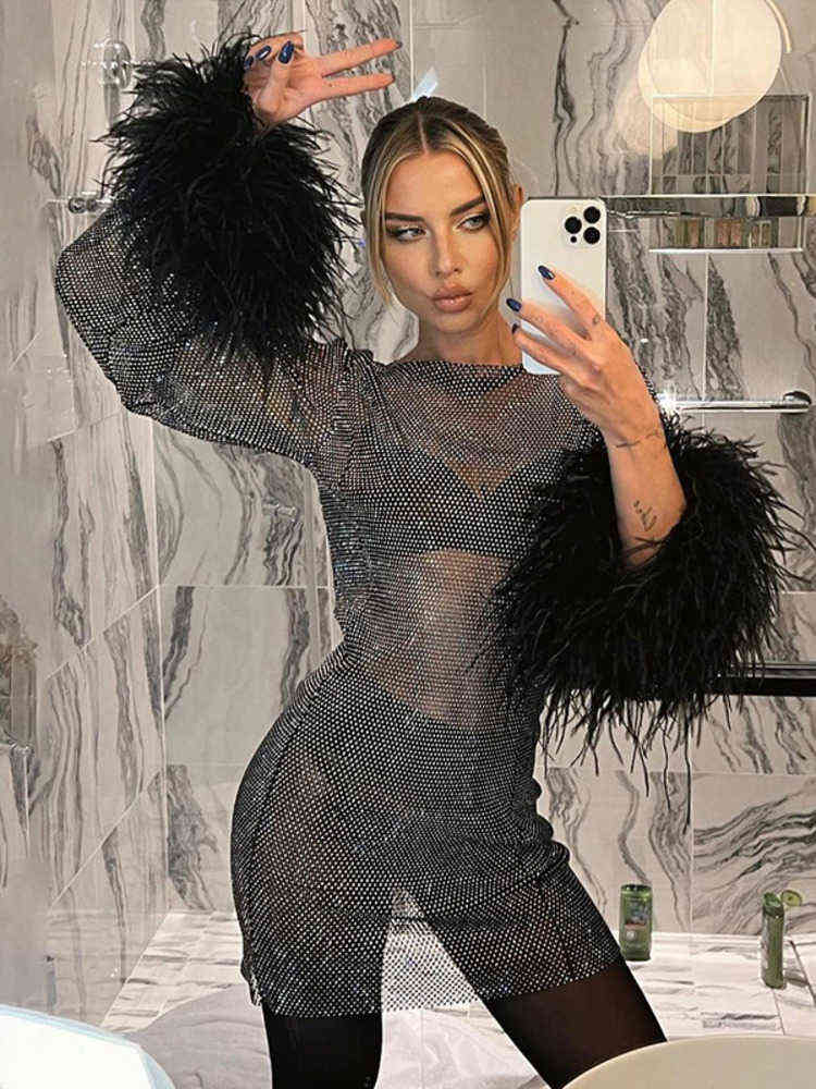 Mozision Sexy Mesh Tassel Feather Sleeve See Through Mini Dress Women Fashion Shiny Transparent Night Club Party Dress Clothes T220819