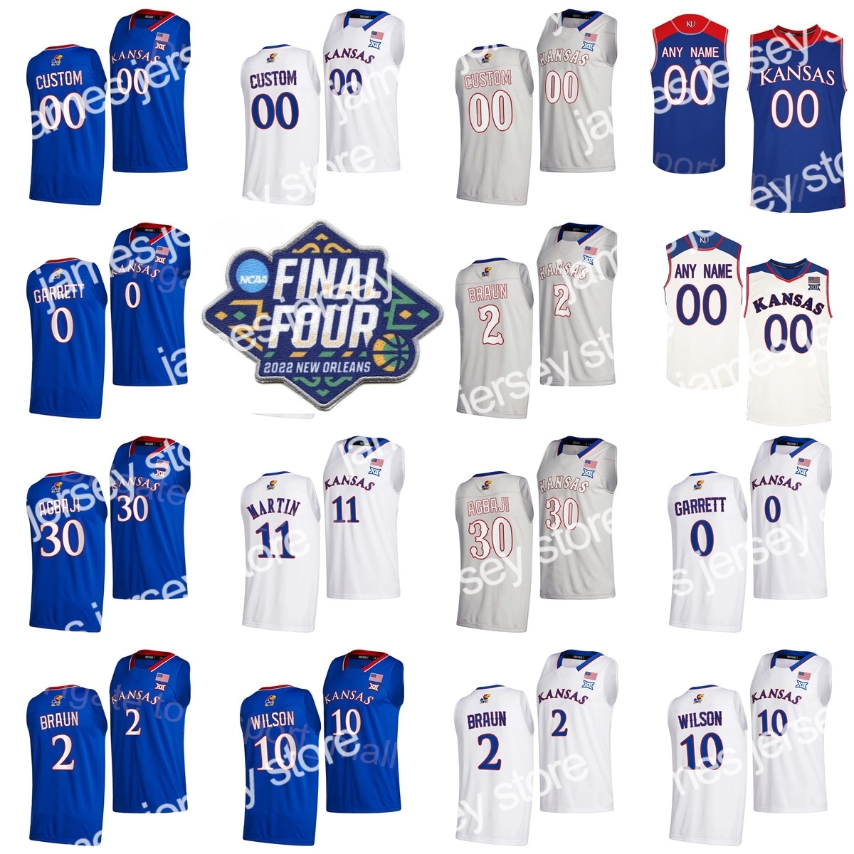 24 NCAA Final Four Basketball College Kansas Jayhawks 30 Ochai Agbaji Jersey 2 Christian Braun 10 Jalen Wilson 33 David McCormack 11 Remy
