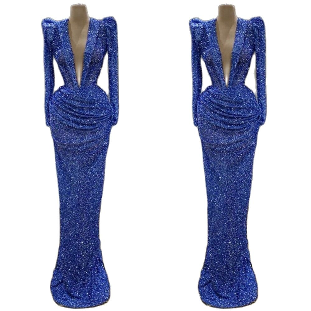 Fashion Sequin Straight Evening Dresses Deep V Neck Sequin Prom Gown Draped Long Sleeve Abendkleider Party Dress