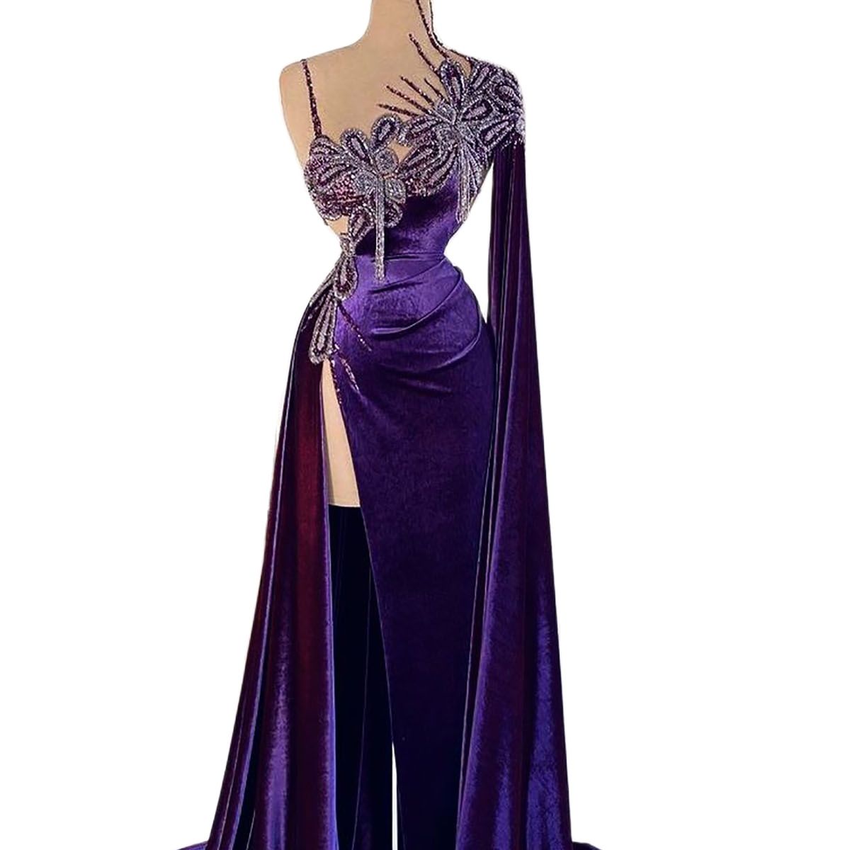 Modern Purple Evening Dresses One Shoulder Front Split A-Line Formal Party Gowns Custom Made Applique Velvet Dress