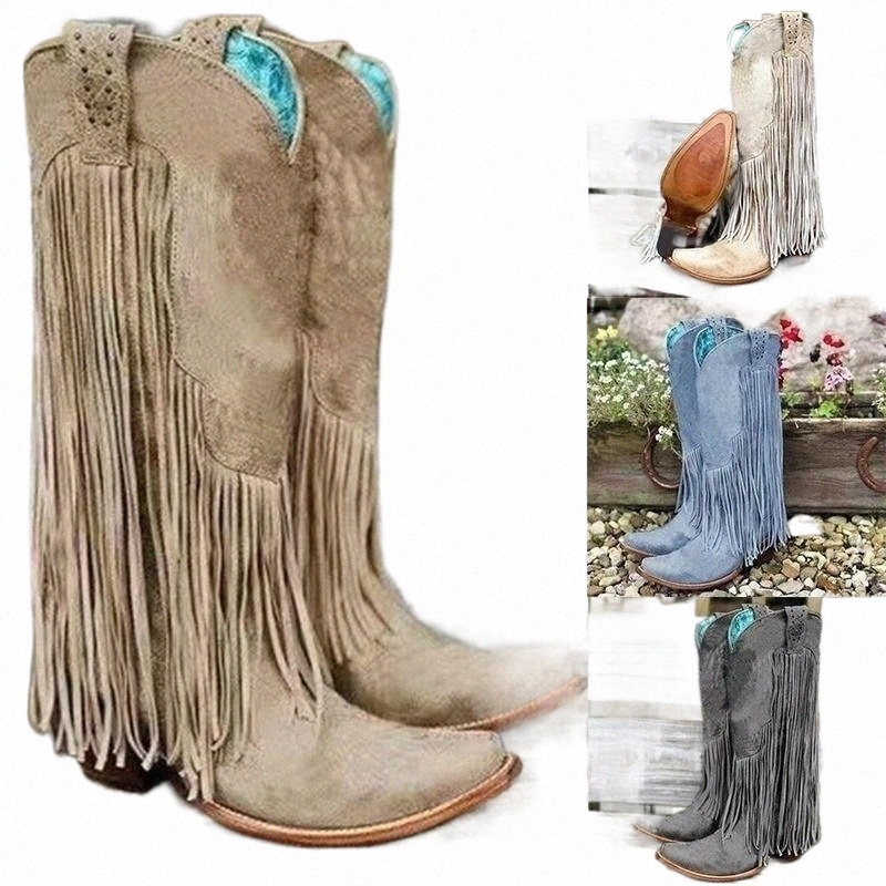 Women's Vintage Fringe Boots Knee-High Low Chunky Heel Pointed Toe Heels Boots Leather Cowboy, Customize 
Women's Vintage Fringe Boots Knee-High Low Chunky Heel Pointed Toe Heels Boots Leather Cowboy, Customize
