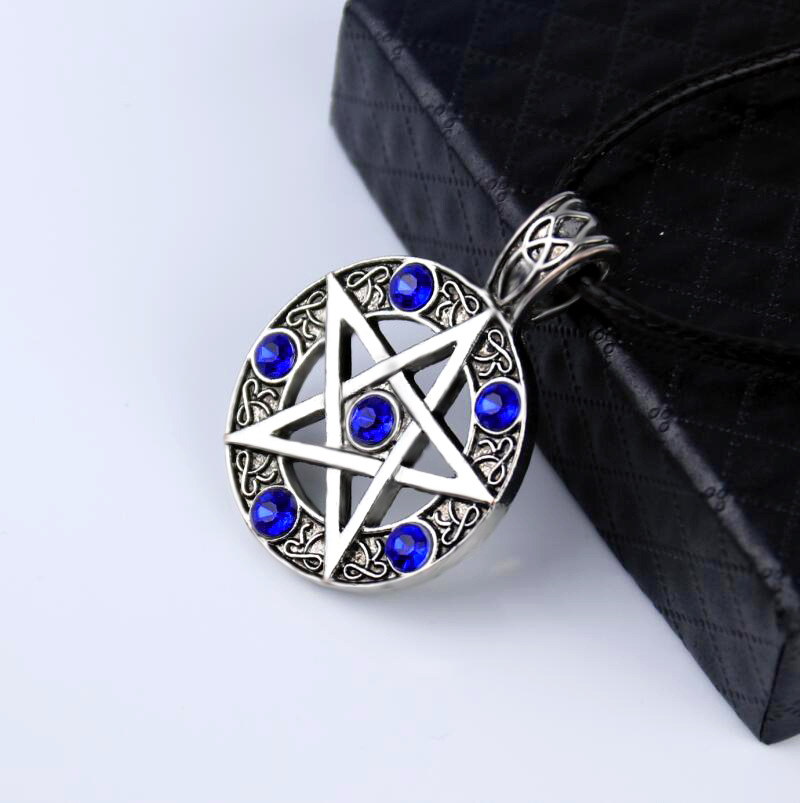 Satan Symbol Star Pentagram Necklace for Men With Leather Rope Chain Crystal Gem Pentagram Necklaces Fashion Jewelry