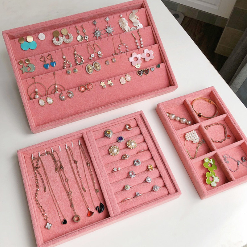 Pink Velvet B/M/S Necklace Earrings Storage Box Showcase Jewellery Stand Holder Ring Jewelry Display Organizer Case Tray Holder 220819