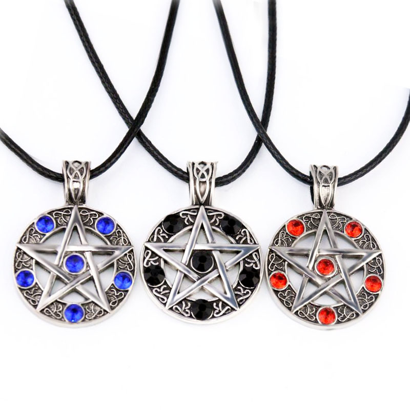Satan Symbol Star Pentagram Necklace for Men With Leather Rope Chain Crystal Gem Pentagram Necklaces Fashion Jewelry