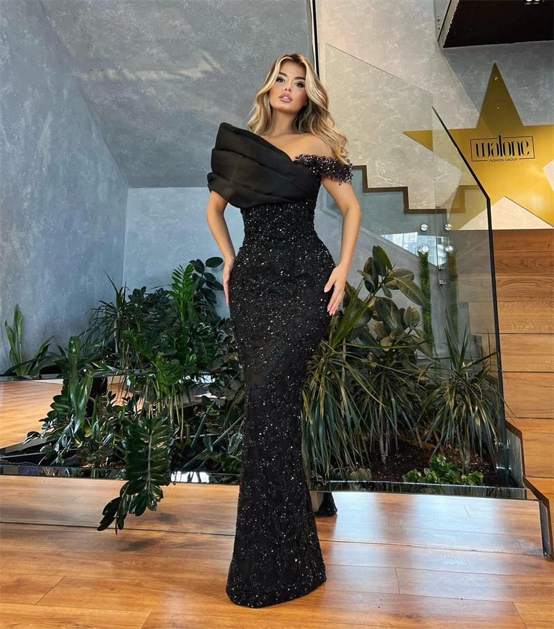 New Arrival Sparkly Black Mermaid Prom Dress Off Shoulder Plus Size Sweep Train Robe De Soiree Femme Abendkleider