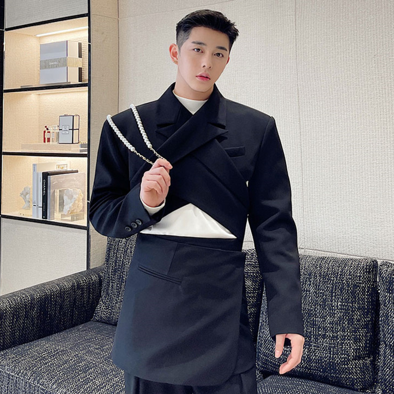 IEFB Menswear Fashion Cross Adjustable Wearing Backless Blazers Notched Long Sleeve Short Suit Jacket Male Autumn 220819