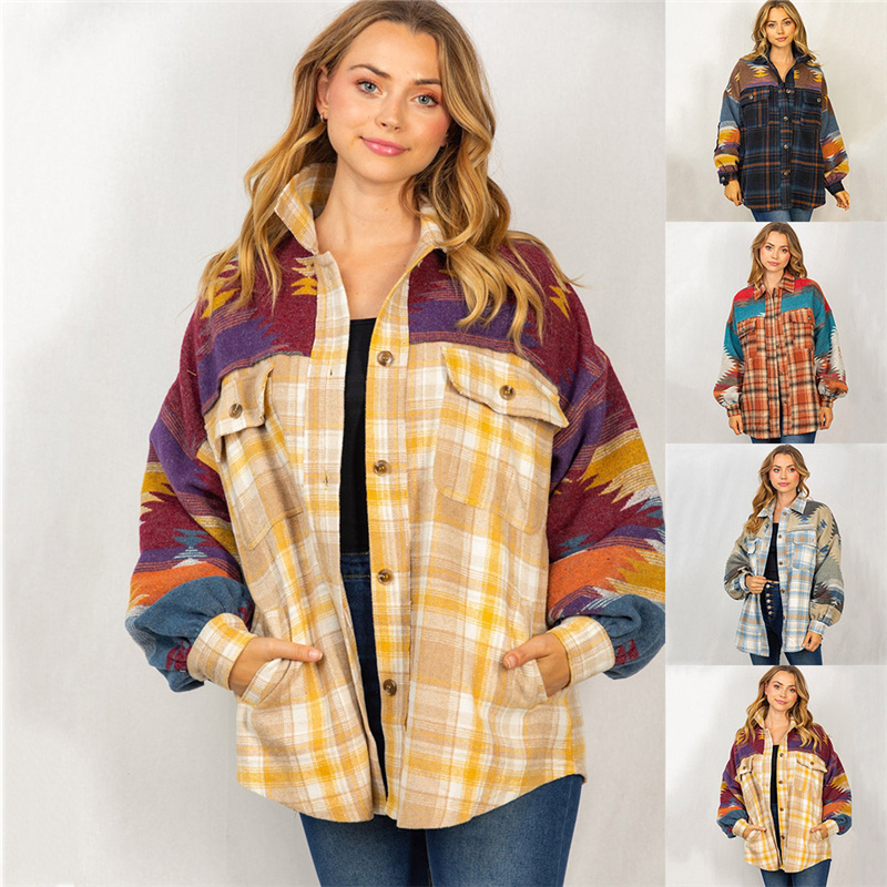 Casual Christmas Long Sleeve Jackets Autumn Winter Aztec Plaid Stitching Woolen Coat Women Wild Lapel Pocket Long Jacket 059 220819
