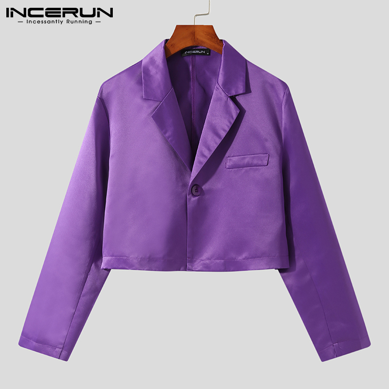 Men Blazer Solid Lapel Streetwear Long Sleeve One Button Crop Coats Stylish Satin Casual Suits Jackets 220822