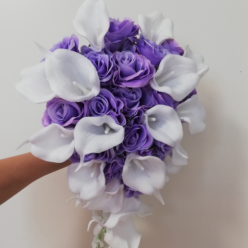 Violet Wedding Flowers Rose with White Calla Lilies Purple Waterfall Bridal Bouquet Mariage accessoirres