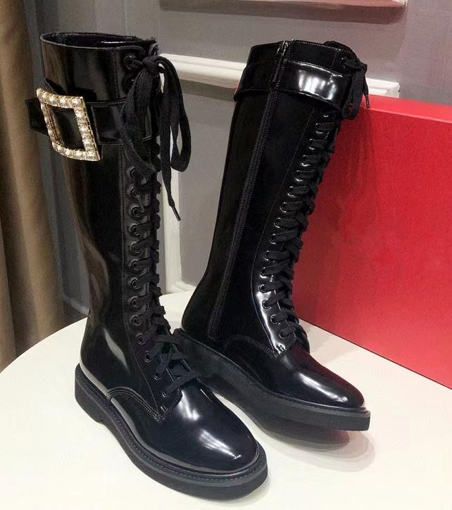 

2022 Designer knight boots women's lace-up square buckle Roge Vivi autumn and winter new boot patent leather thick-soled high Knee boots