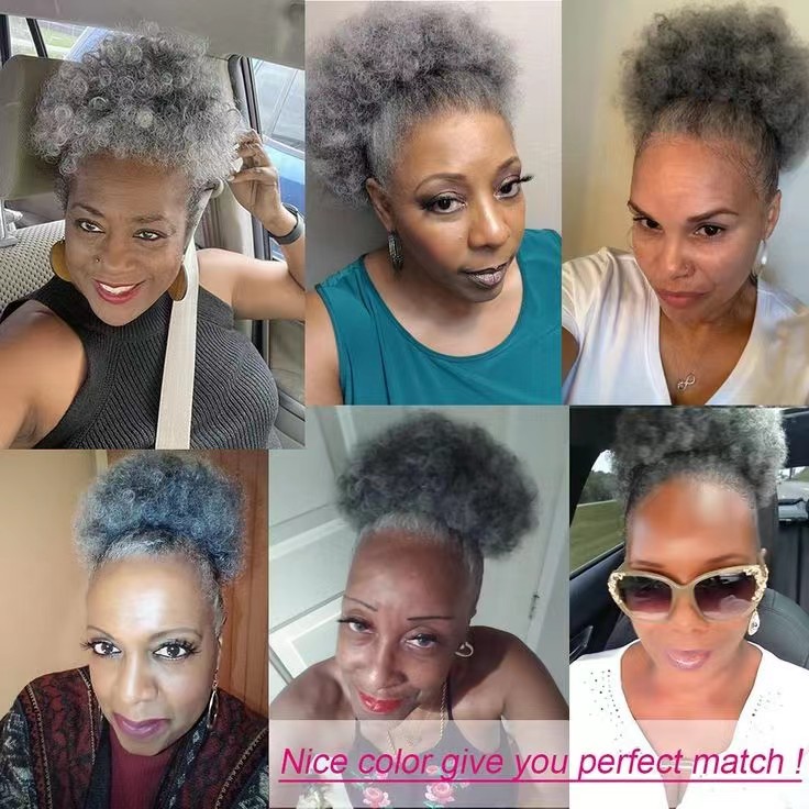 Fashion grey kinky curly short puff bun ponytail hairpiece silver gray human hair extension natural salt and pepper pixie cut 120g 100g