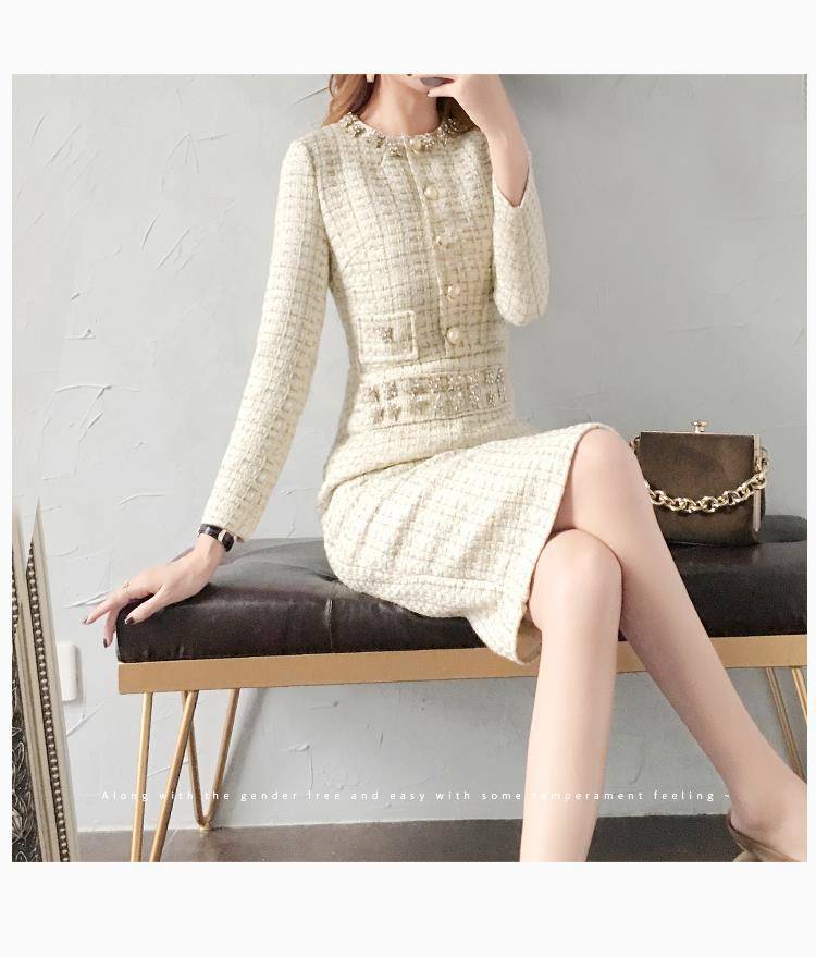 Womens long sleeve dress o-neck beading rhinestone patched tweed woolen high waist pencil vestidos SMLXLXXL