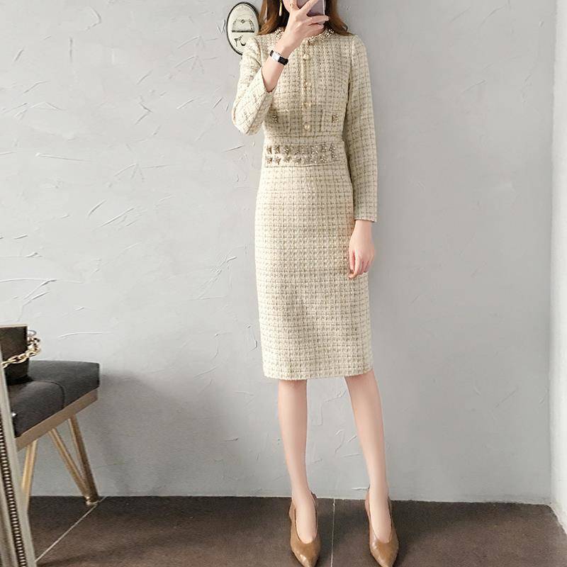 Womens long sleeve dress o-neck beading rhinestone patched tweed woolen high waist pencil vestidos SMLXLXXL