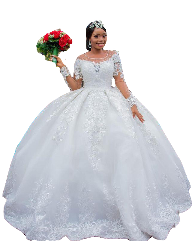 2022 Sexy Arabic Ball Gown Wedding Gowns Jewel Neck Illusion Long Sleeves Plus Size Puffy Princess Lace Appliques Crystal Beads Bridal Party Dresses R