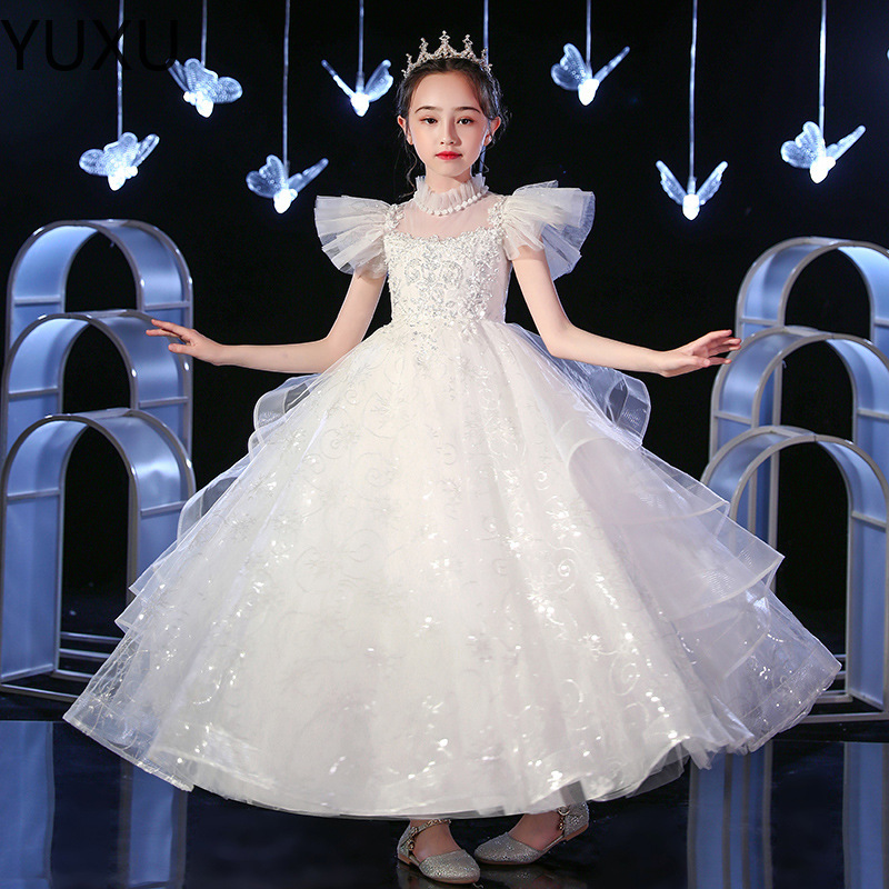 Lovely 3D Floral Applique Flower Girls Dresses Cross sequined crystal Communion Party Gowns Puffy Tulle Birthday Ball Gown Girls Pageant Dress