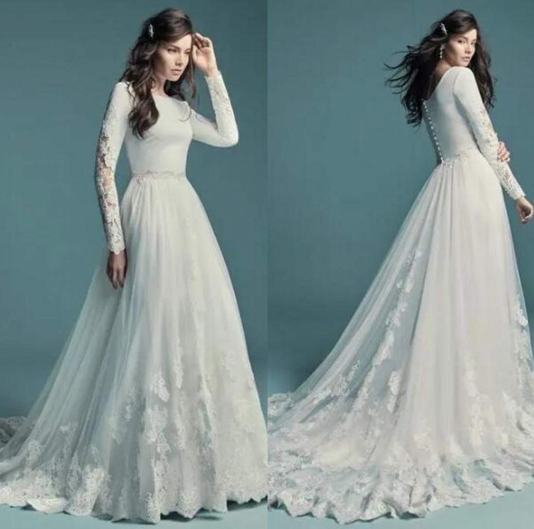 Elegant Lace A Line Wedding Dresses Sheer Crew Neck Long Sleeves Tulle Applique Beaded Wedding Bridal Gowns With Buttons robes de mariee, White
Elegant Lace A Line Wedding Dresses Sheer Crew Neck Long Sleeves Tulle Applique Beaded Wedding Bridal Gowns With Buttons robes de mariee, White