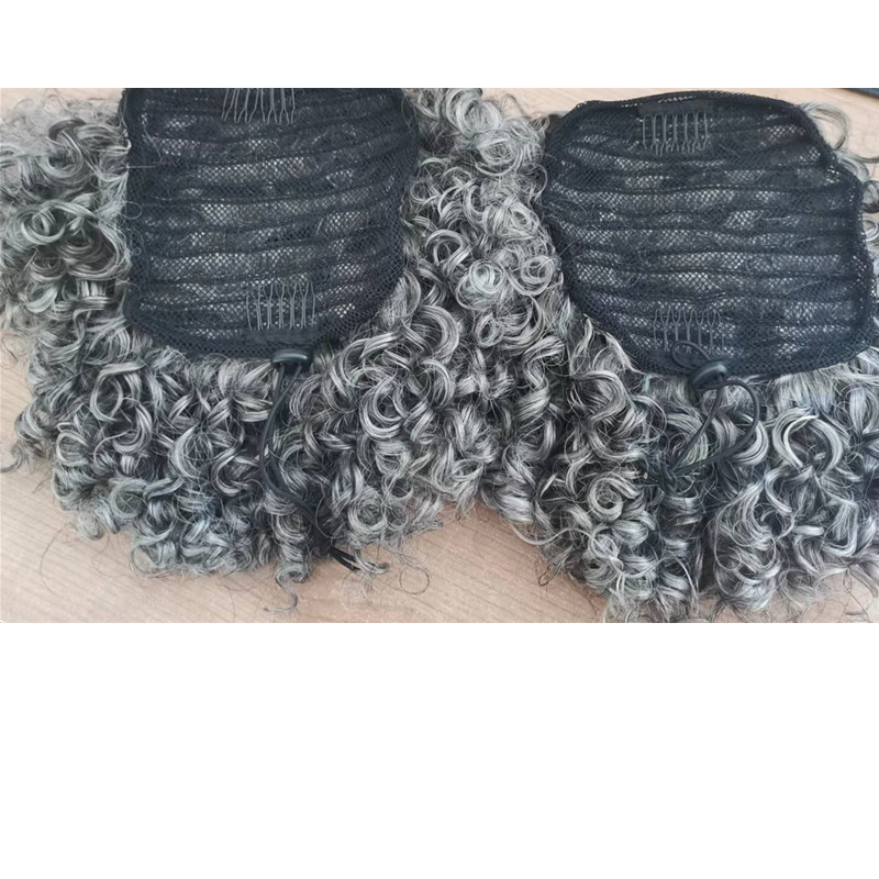 Fashion grey kinky curly short puff bun ponytail hairpiece silver gray human hair extension natural salt and pepper pixie cut 120g 100g