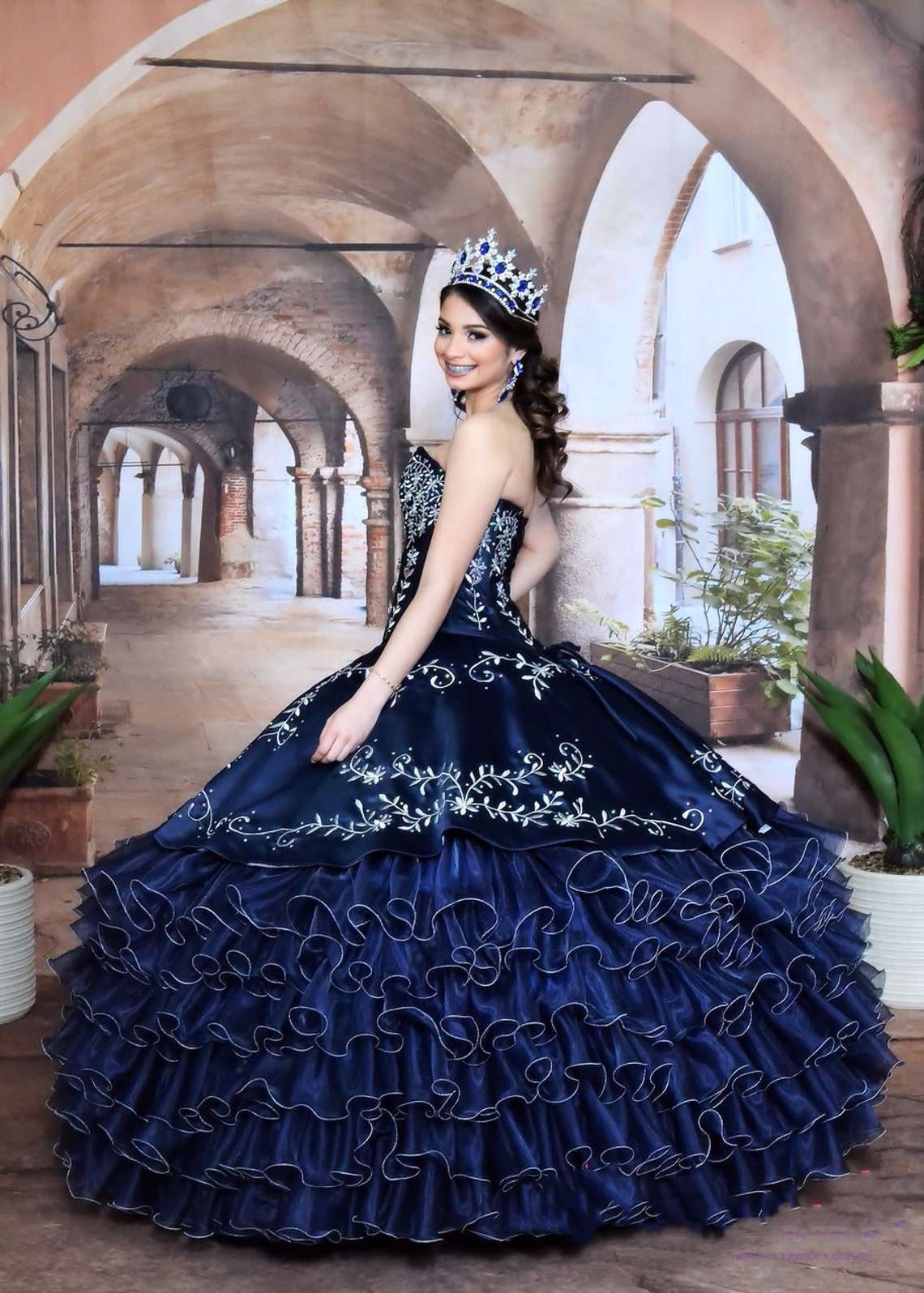 Charro Western Quinceanera Dresses Dark Navy Prom Ball Gown Sweet 15 Dress Tiers Skirt 2022
