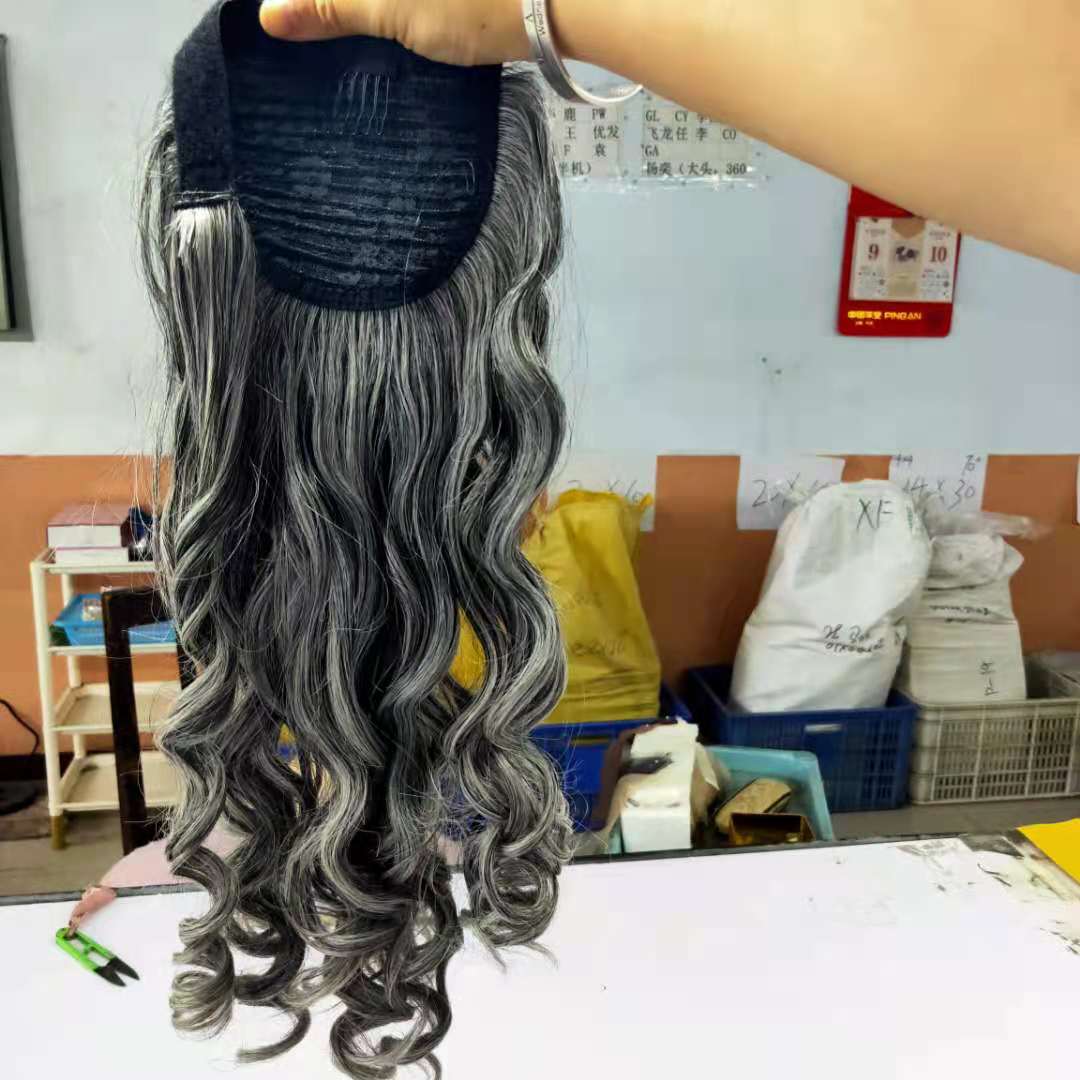 Wraps African American Human Hair Ponytail Silver Grey Pony tail Extension Hairpiece Clip on Gray Afro Curly Hairstyles 140g 16inch