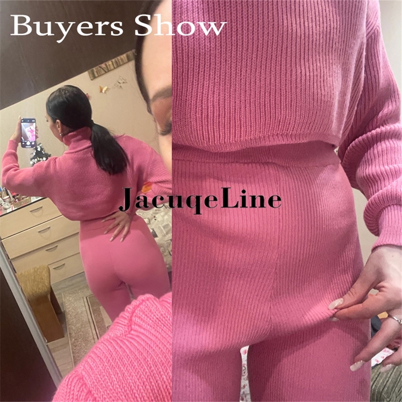 Women's Two Piece Pants Jacuqeline Sexy Y2K Knitted Women's Suit Pencil Pants And Turtleneck Crop Top Two Piece Set Woman Outfits Autumn Win