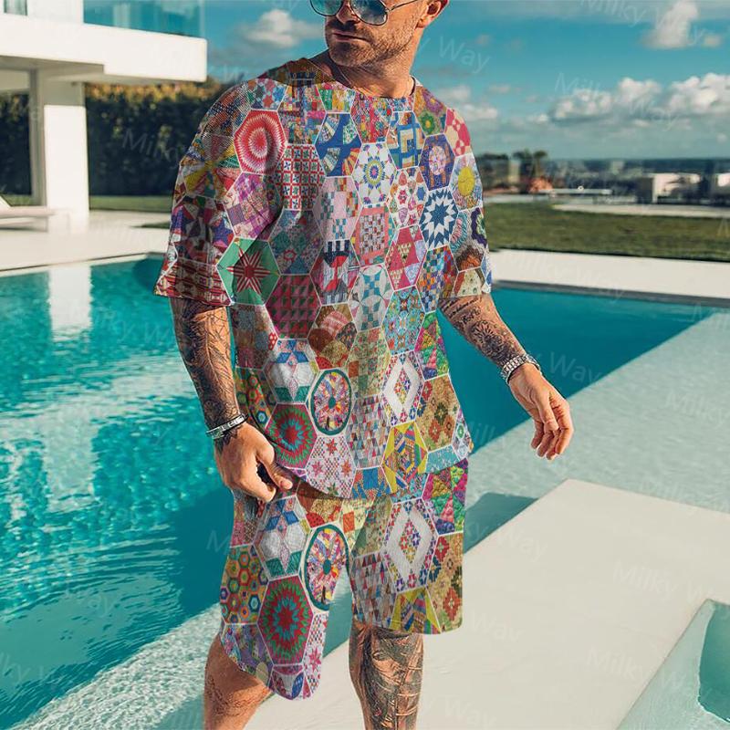 Men's Tracksuits Summer Men's Tracksuit Bohemian Style T-Shirt Short Set Vintage Outfit Oversized Suit Outdoor Clothing Male Casual Stre