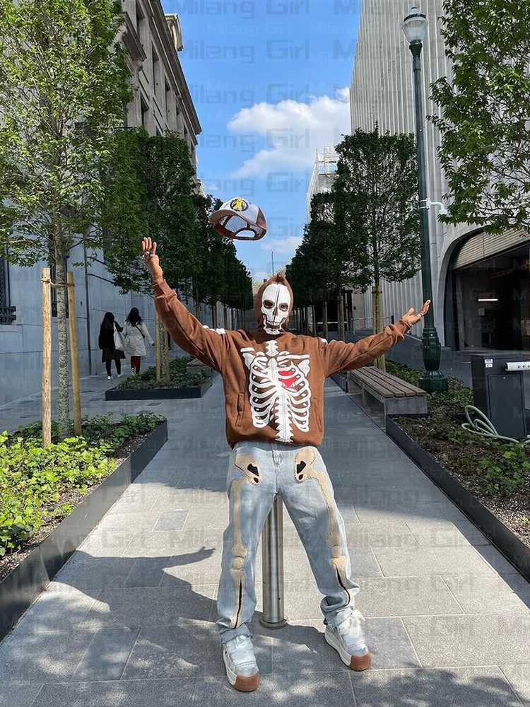 Men's Hoodies & Sweatshirts Gothic Skeleton Graphic Men's Zip Up Harajuku Punk Fashion Y2K Sweatshirt Full Zipper Oversized Streetwear S