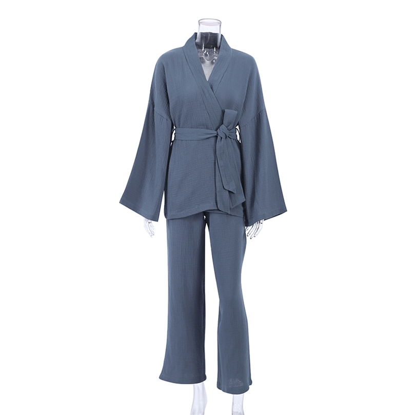 Women's Two Piece Pants Women's Nightgown Robe Pajama Sets Flare Nightgown Trouser Suits Drop Sleeves Set 100% Cotton Woman 2 Pieces Bathrob