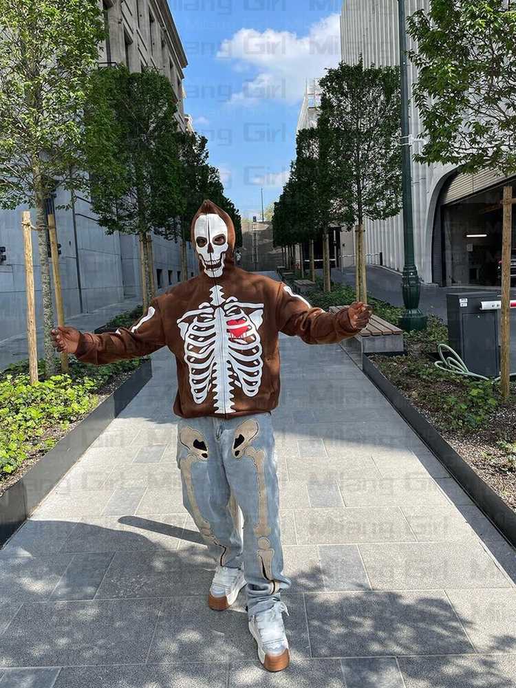 Men's Hoodies & Sweatshirts Gothic Skeleton Graphic Men's Zip Up Harajuku Punk Fashion Y2K Sweatshirt Full Zipper Oversized Streetwear S