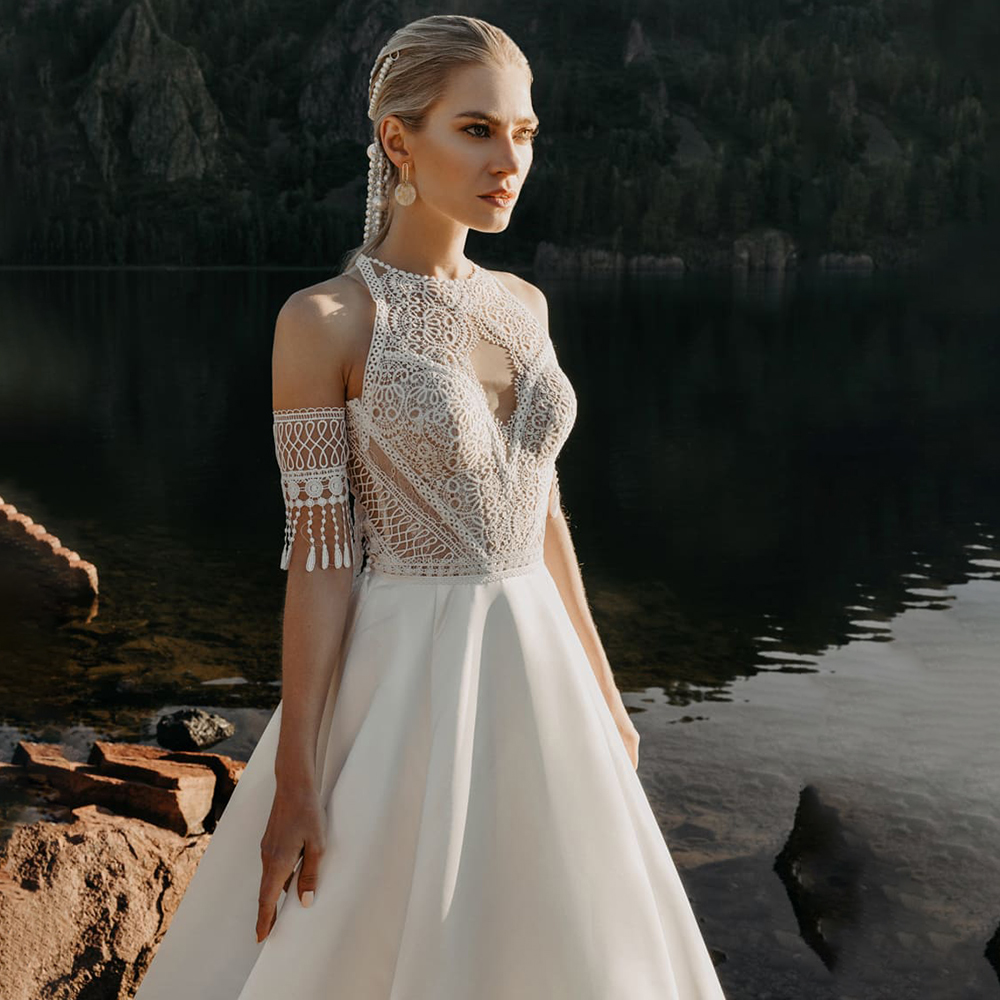 Bohemian Halter Beach Wedding Dress Racer Back Cutout Tasseled crochet Lace Transparent Satin Skirt Boho Bridal Gowns