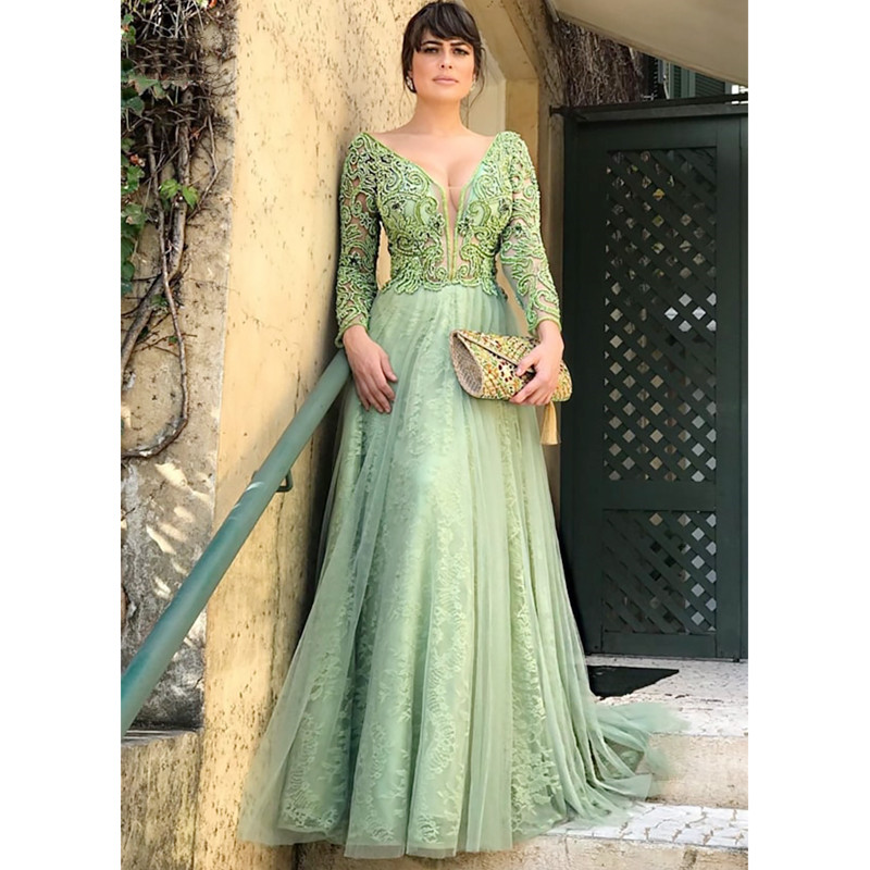 Mint Green Long Sleeve Mother of the Bride Groom Dresses Floor Length Tulle with lace Appliques Vestido De Festa para mae da noiva